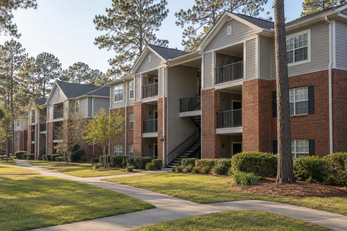 Three-story brick and siding apartment buildings with shared sidewalks and pine trees