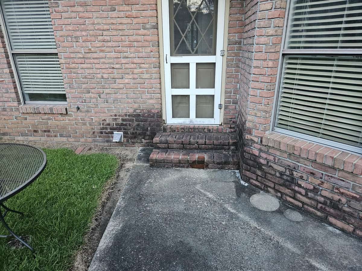 Concrete beside a brick side entrance before cleaning in Collins