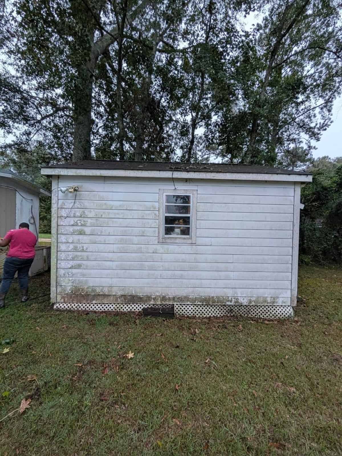 Painted wood outbuilding rear wall with organic buildup before cleaning at Harvest Church in Sanford