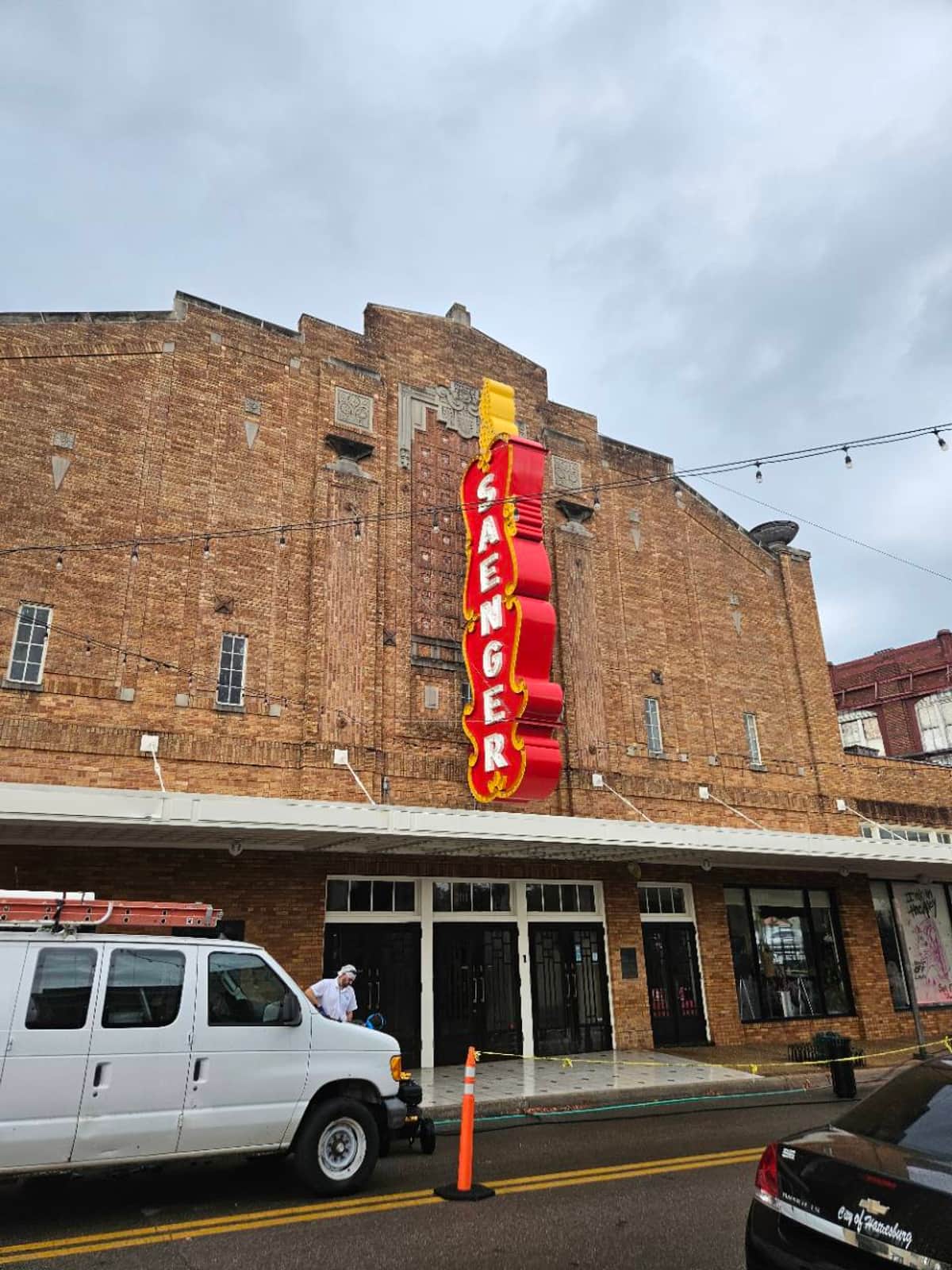 Canopy, sidewalk, and Saenger sign at the Saenger Theater in downtown Hattiesburg