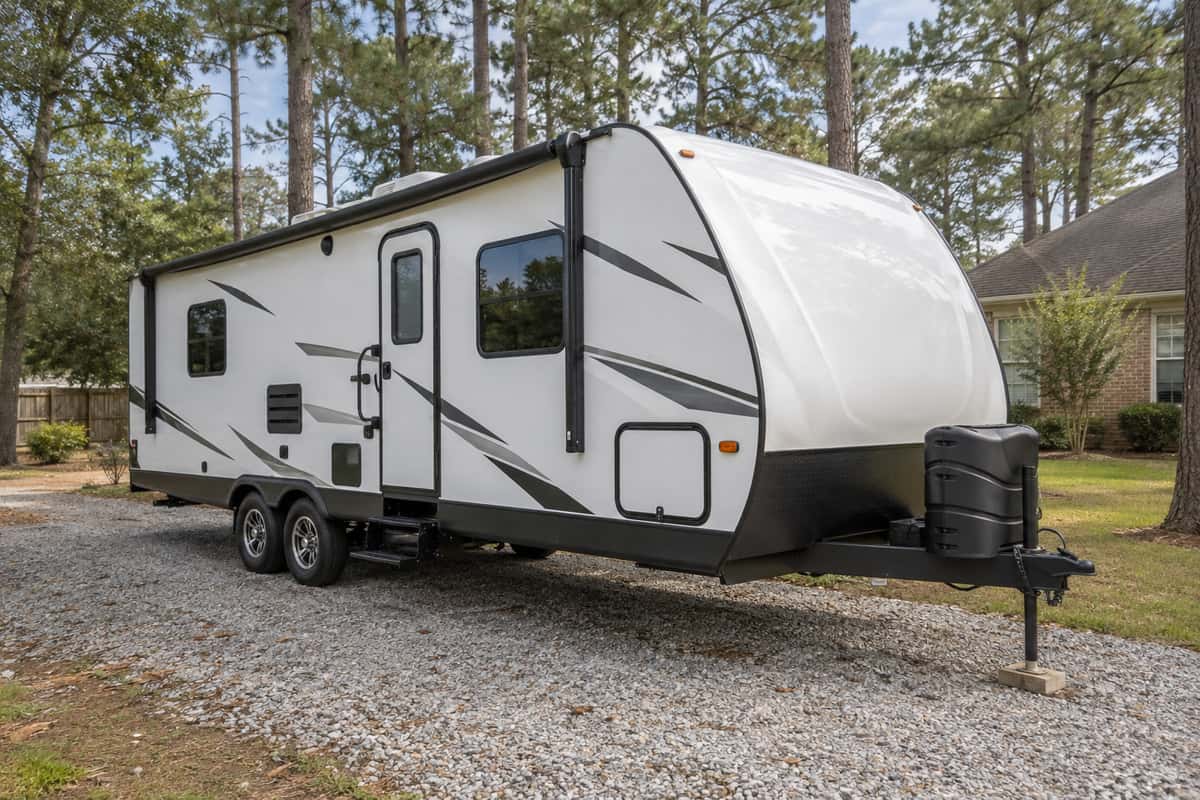 a white travel camper parked on gravel