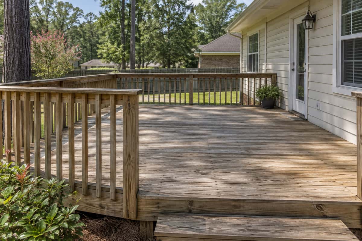 a natural wood backyard deck with railings