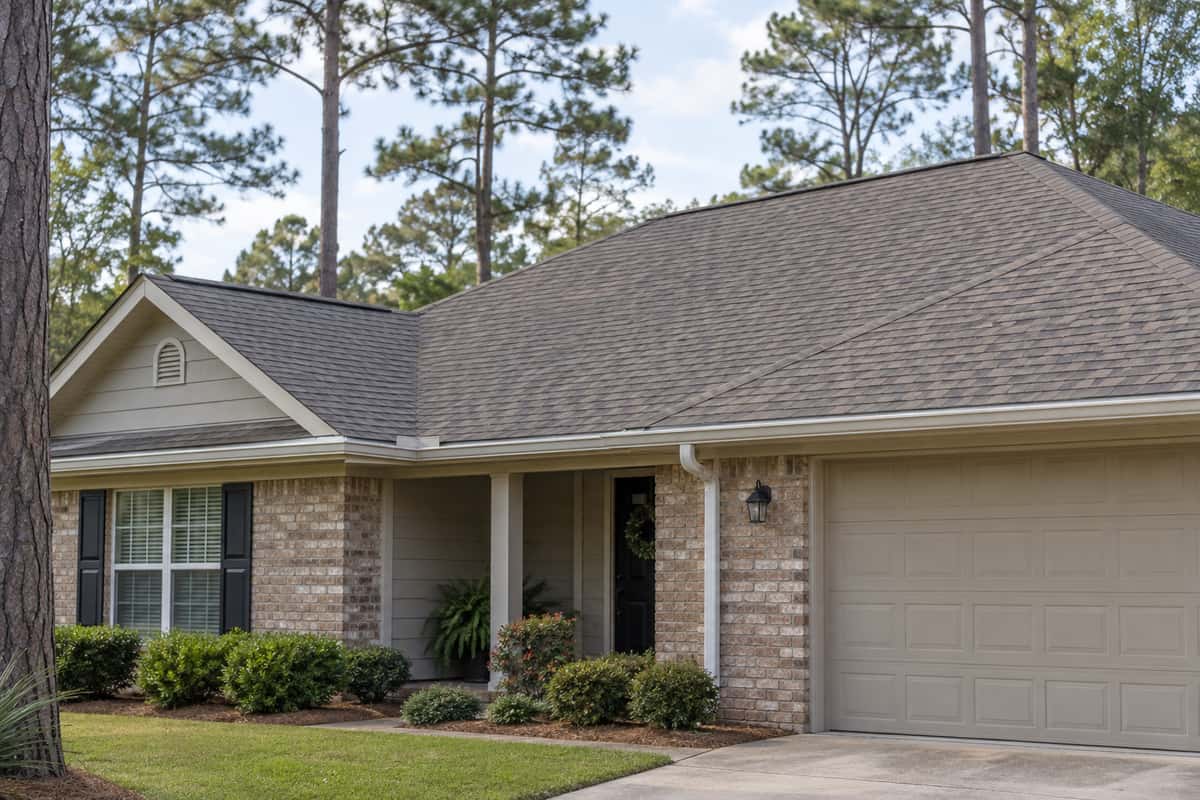 an asphalt-shingle roof and gutters on a home among pine trees