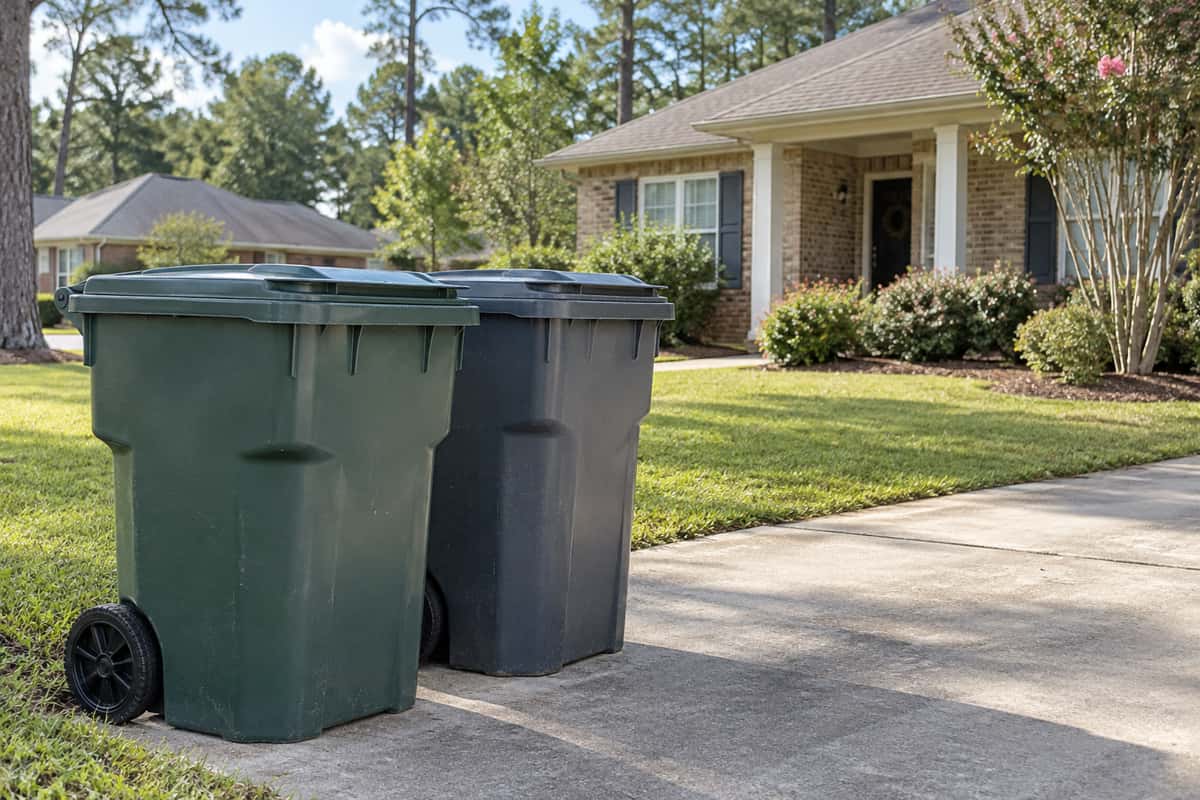 two wheeled residential trash bins beside a driveway